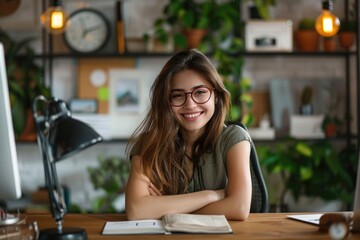 Wall Mural - A woman sits at her computer desk with a focused expression, surrounded by office supplies and papers