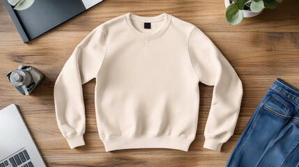 Wall Mural - Cream Crewneck Sweatshirt Mockup on Wooden Table with Denim