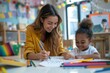 © Fotograf - A woman helps a young child with a coloring activity, promoting creativity and learning