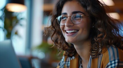 Aufkleber - A woman wearing glasses smiles as she views her laptop, great for technology or work-related concepts