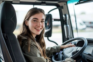 Poster - A woman sits in the driver's seat of a truck, focused on the road ahead