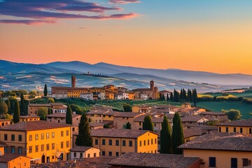 Wall Mural - Vibrant Summer Town View of a Resplendent Tuscan District Landscape