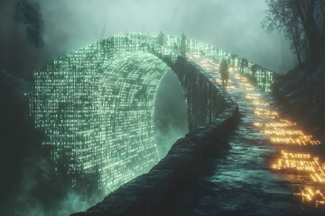 Poster - digital bridge to the unknown: glowing path of code in a foggy landscape