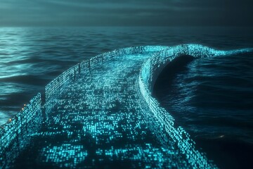 Poster - futuristic digital pathway over water: a glowing data highway stretching across the ocean