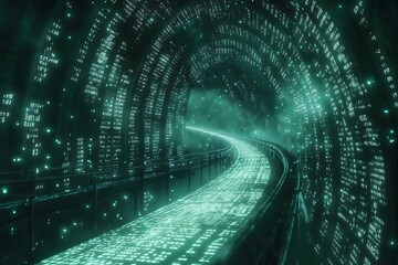 Poster - Endless Digital Path: A Glowing Tunnel of Streaming Code and Data in a Futuristic Landscape