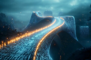 Poster - futuristic digital highway: a curved path of glowing code leading through a misty cyber landscape