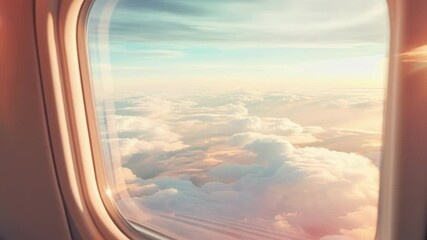 Wall Mural - private jet window is framing a beautiful sunset over a fluffy cloud bed, bringing a sense of freedo