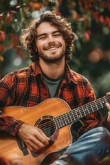 Poster - A person with long hair strumming a guitar, suitable for music or lifestyle compositions