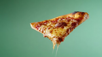 Cheesy slice of pizza hanging in mid-air against a vibrant green background with melted cheese stretching downwards