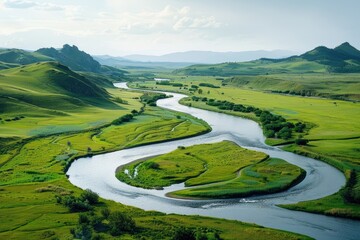 Poster - A serene and natural setting with a river flowing through a lush green valley