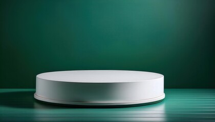 Poster - Minimalist White Circular Platform on a Textured Green Wall Background with Subtle Shadows, Ideal for Product Display, Branding, or Design Presentation in a Modern, Clean Space