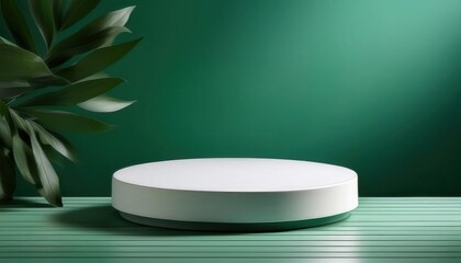 Poster - Minimalist White Circular Platform on a Textured Green Wall Background with Subtle Shadows, Ideal for Product Display, Branding, or Design Presentation in a Modern, Clean Space