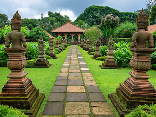 A garden with statues of people and a path. The statues are of people with their hands on their hips