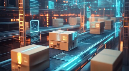 Digital rendering of cardboard boxes on a conveyor belt with digital, tech, and data icons overlaying the scene.