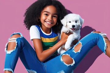 Wall Mural - Joyful Brazilian Girl in Blue Ripped Jeans Loving a Fluffy White Puppy in a 3D Illustration