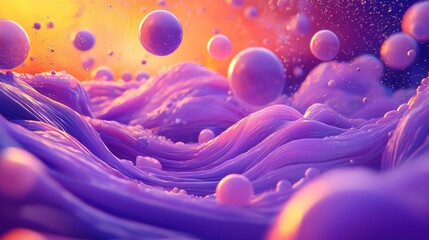 Wall Mural - A vibrant and colorful abstract scene with floating spheres against a purple backdrop, adding a touch of fantasy and imagination.