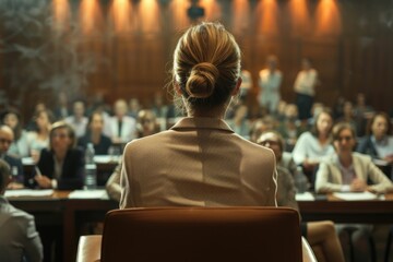 Poster - A woman sits in a chair addressing a crowd, great for use in presentations, lectures or speeches