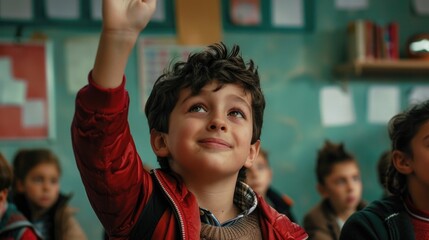 Poster - A student raising his hand to answer a question in a typical classroom setting, possibly looking for attention or seeking guidance from the teacher