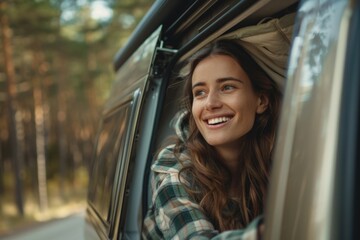Poster - A smiling woman sits comfortably in the passenger seat of a car