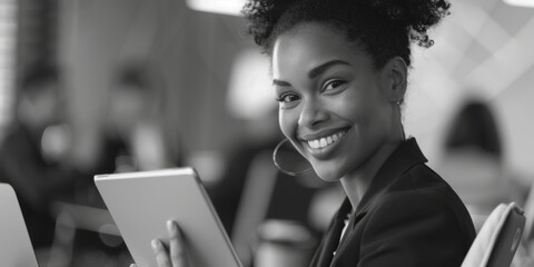 Poster - A woman smiles as she uses a tablet computer