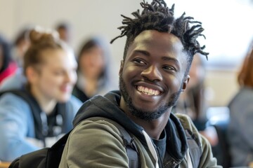 Wall Mural - A student with dreadlocks sitting in a classroom