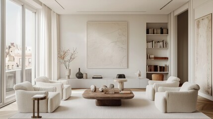 Wall Mural - A white living room with armchairs, a coffee table, and artful decor on a hardwood floor.