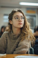 Poster - A woman sits at a table wearing glasses, perfect for office or study settings
