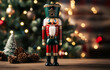 © Irina Ermakova - Christmas nutcracker figurine against beautifully decorated Christmas tree, personifying traditional style of Christmas decorations. Generative AI