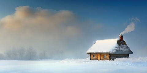 A small cottage with smoke billowing from the chimney in the winter snow. Covered with a blanket of frosty snow cover