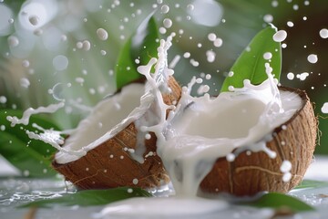 Poster - A splash of creamy white milk coming out of a coconut, great for food and drink illustrations