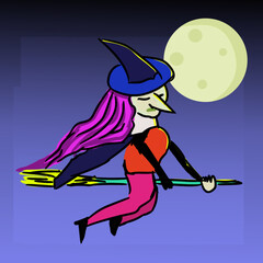 Vector illustration of a witch flying on a broomstick. witch flying in the night sky. Transition color, 'filler'. Ghostly. drawing, witch, halloween