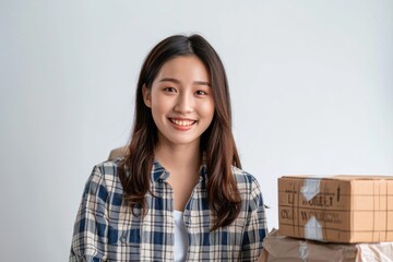 Poster - A person standing near a pile of containers