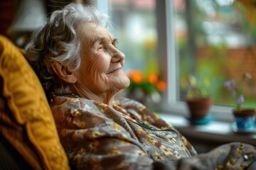 Poster - A woman sits in a chair, gazing out the window