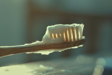 Wall Mural - Close-up of a toothbrush with toothpaste applied, ready for use