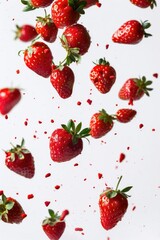 Canvas Print - A handful of fresh strawberries fall from above onto a white surface