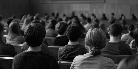 Poster - People seated in a classroom or auditorium, ideal for educational and training content
