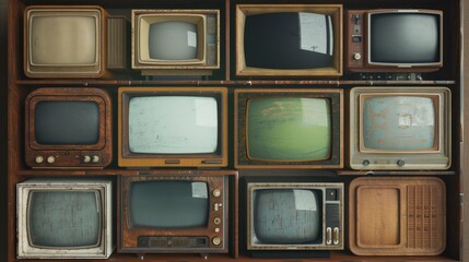Poster - A collection of vintage televisions stacked high, perfect for decorative or nostalgic use