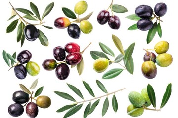 Poster - Fresh olives surrounded by leaves on a clean white surface, ideal for food photography or branding purposes