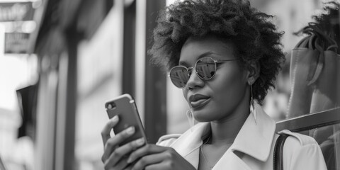 Poster - A woman looks at her cell phone, wearing sunglasses