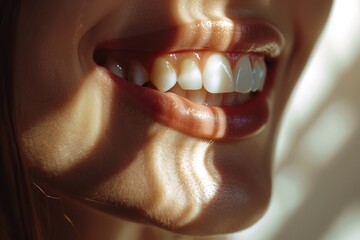 Wall Mural - Close-up of a person's mouth with a toothbrush, showing oral hygiene