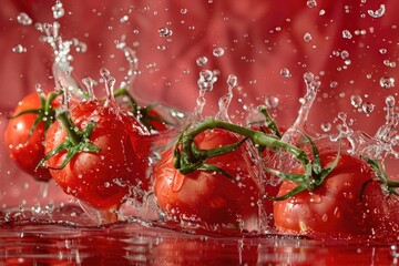 Poster - Fresh tomatoes falling into a body of water