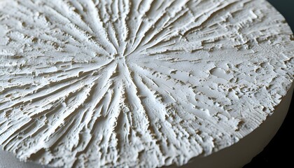 Intricate close-up of a textured white circular object featuring a captivating radial pattern and a rough, natural surface