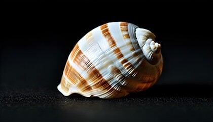 Wall Mural - Elegant white seashell with intricate brown stripes against a striking black backdrop