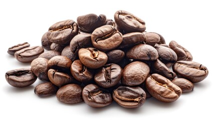 Poster - A close-up shot of a pile of coffee beans on a white surface, great for use in food or coffee-related contexts