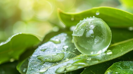 Poster - Clear gel glob with dewdrops on fresh green leaf Close-up photo with clean background
