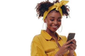 Wall Mural - A woman looks at her cell phone while wearing a yellow shirt