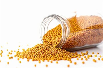 Sticker - A glass jar filled with mustard seeds, placed on a clean white surface