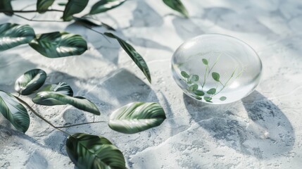 Poster - Clear gel texture on a smooth stone surface with greenery Close-up photo with clean background
