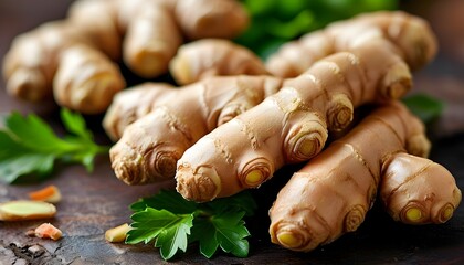 Vibrant close-up of fresh ginger root showcasing its textured skin and earthy tones