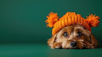 a cute dog wearing a colorful knitted hat, resting on a green background, showcasing its adorable fe